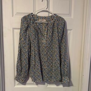 LOFT White and Blue Relaxed Long Sleeve Blouse